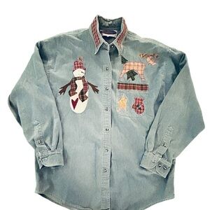 Vintage Christmas Winter Appliquéd Embroidered Denim Shirt Snowman Tree Mitten L